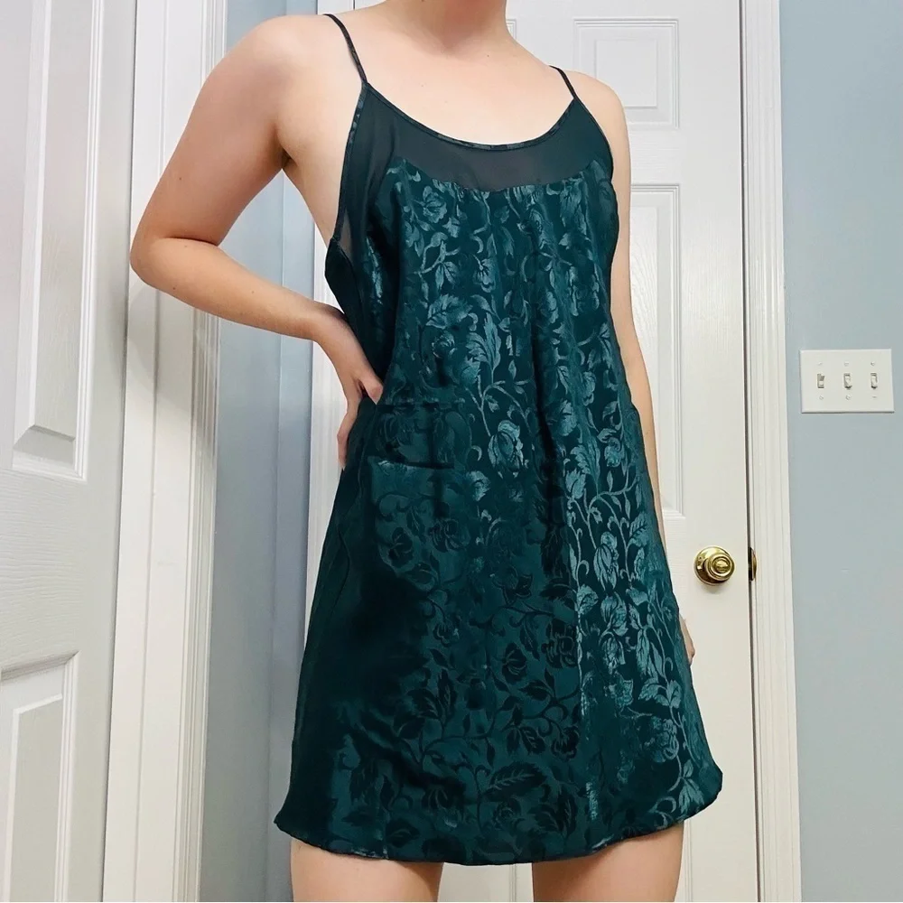 Vintage Slip Mini Babydoll Satin Mesh Green Floral Fairy Sexy 90s Medium - Picture 6 of 6